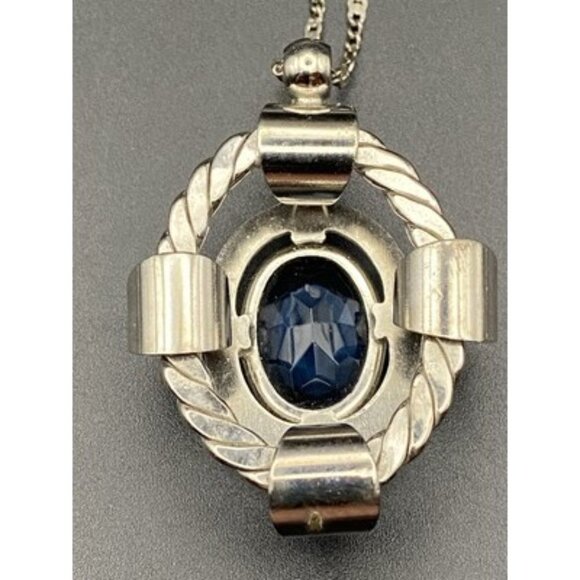Vintage Blue Glass Pendant Necklace Faceted Silver Tone Dog Tooth Ornate Setting - Picture 7 of 9